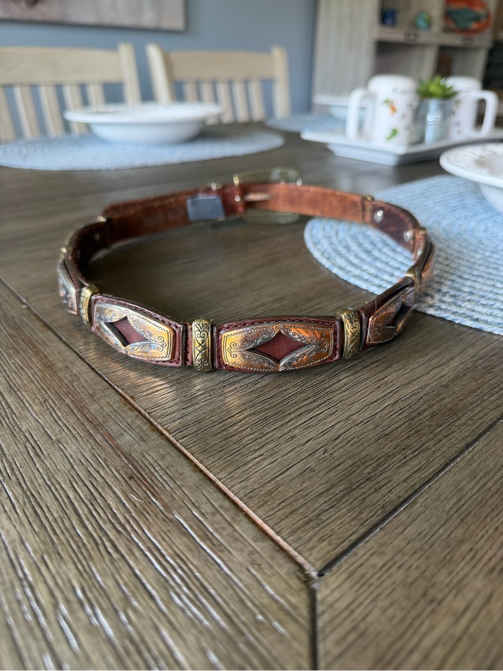 Brighton Cognac Brown Leather Belt with Gold Buckle and Silver Accents - Picture 2 of 8